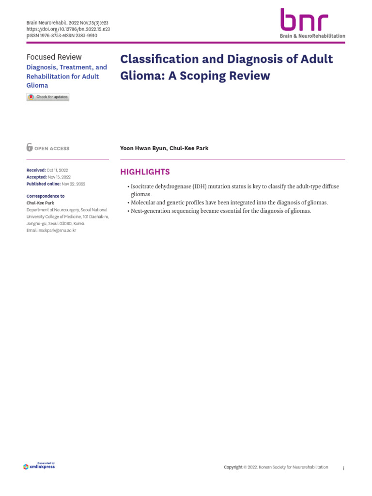 2022 Classification and Diagnosis of Adult Glioma A Scoping Review ...
