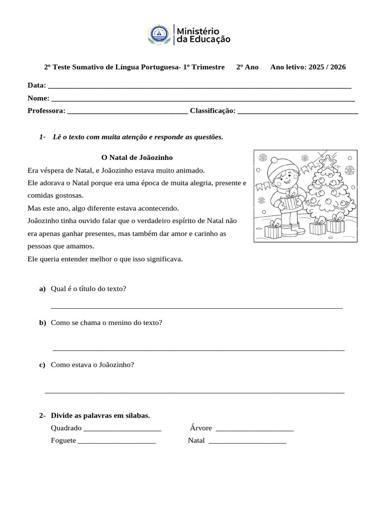 2º Teste de Lingua Portuguesa 1º Trimestre - 2025 | PDF | Natal