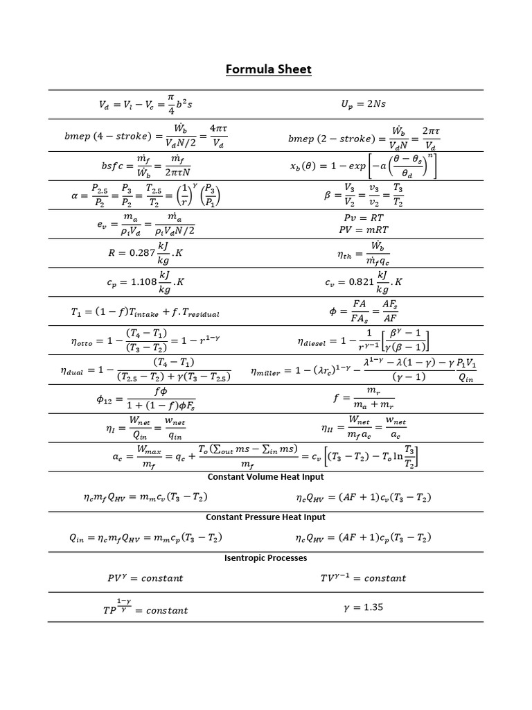 ME-130 ESE - Formula Sheet | PDF | Process Engineering | Branches Of ...