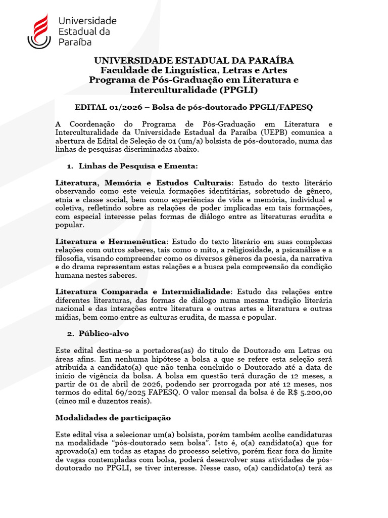 Edital Pos-Doc PPGLI FAPESQ 2026 | PDF | Propriedade intelectual