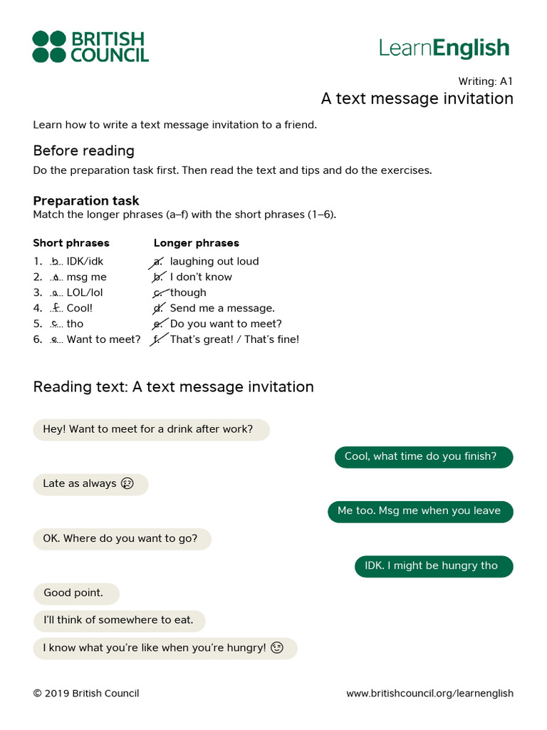 10LearnEnglish Writing A1 a Text Message Invitatio 251209 013354 | PDF ...