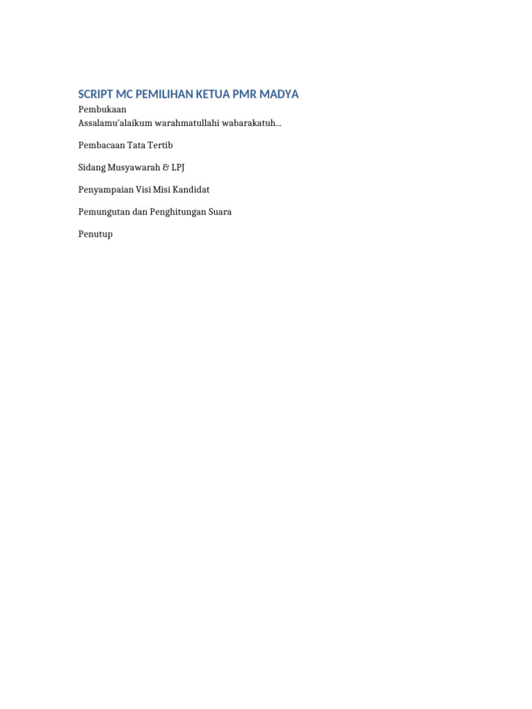 Script MC Pemilihan Ketua PMR Madya | PDF
