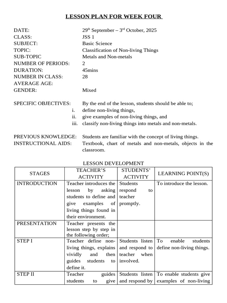 Jss 1 Basic Science Week 4 | PDF | Teachers | Lesson Plan