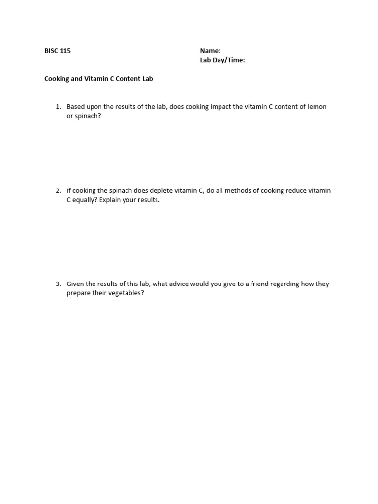 BISC 115 Vitamin C and Cooking Homework | PDF