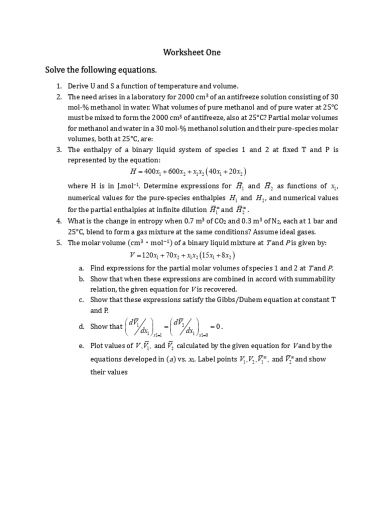 Worksheet One Thermodynamics | PDF