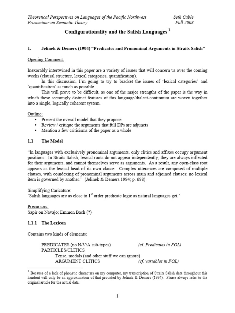 Configurationality and the Salish Languages (Cable 2008) | PDF | Clause ...