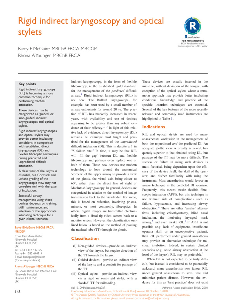Rigid Indirect Laryngoscopy and Optical Stylets | PDF | Medicine ...