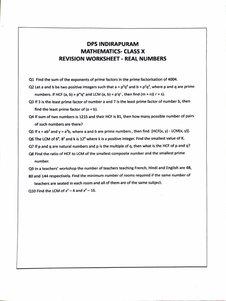 Mathematics Worksheet Real No. 2526 10 | PDF