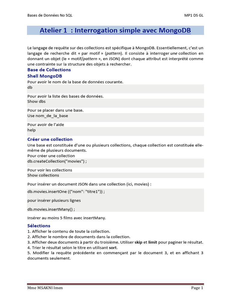 Atelier 1 MongoDB DS GL | PDF | MongoDB | Gestion des données