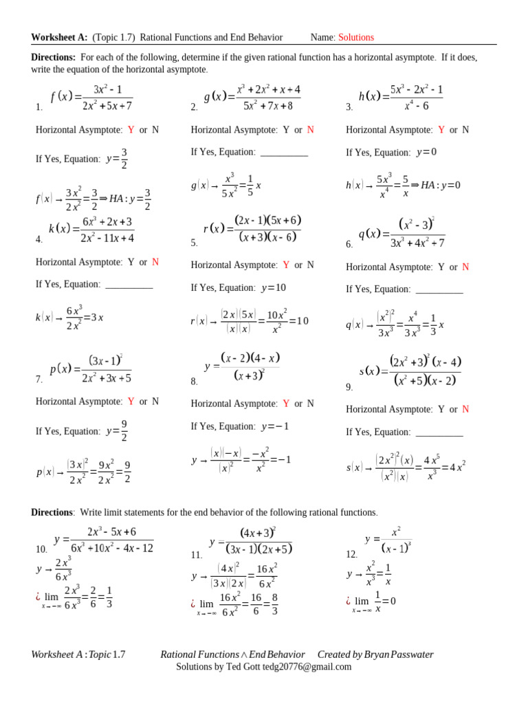 Worksheet A Key Topic 1.7 Rational Functions and End Behavior | PDF ...