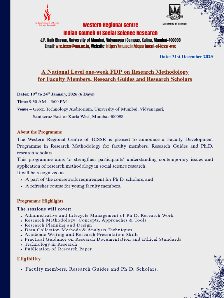 National Level One-Week FDP On Research Methodology 19th To 24th ...