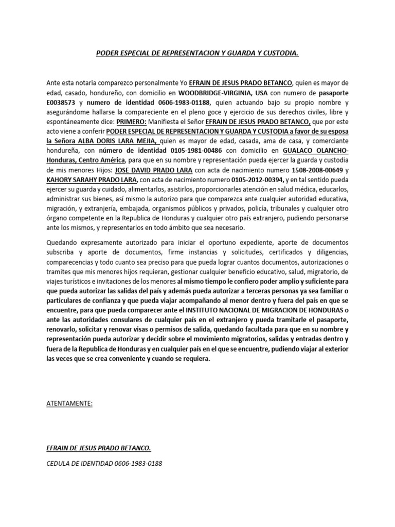 Poder Especial de Representacion y Guarda y Custodia J Efrain | PDF ...
