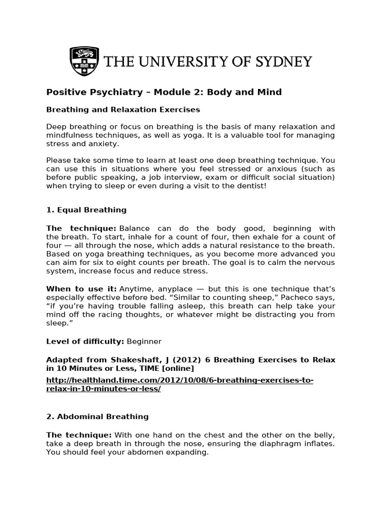 Breathing and Relaxation Exercises | PDF