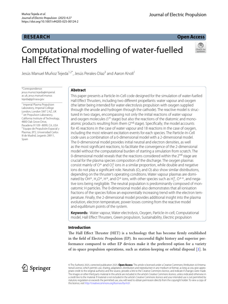 Computational Modelling of Water-Fuelled Hall Effect Thrusters | PDF ...