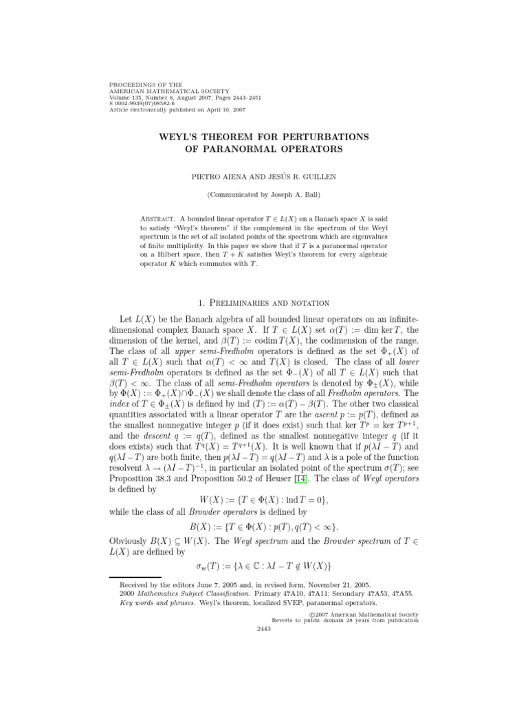 Weyl's Theorem For Perturbations of Paranormal Operators | PDF ...