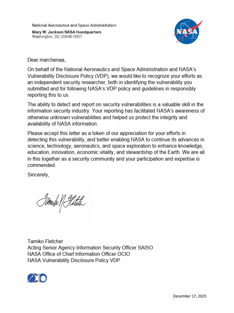 Nasa Letter of Appreciation | PDF