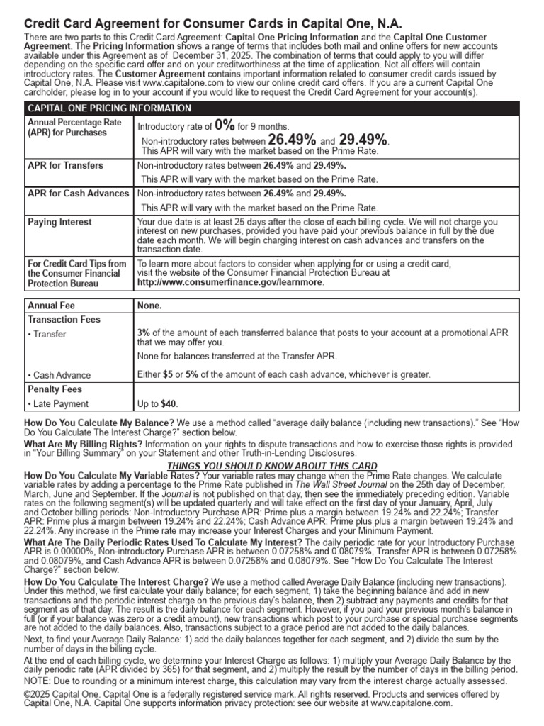 Credit Card Agreement For Consumer Cards in Capital One Na | PDF ...