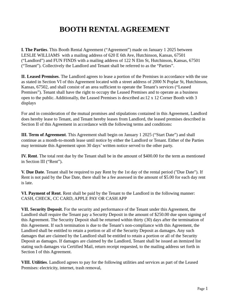Booth Rental Agreement | PDF | Lease | Leasehold Estate