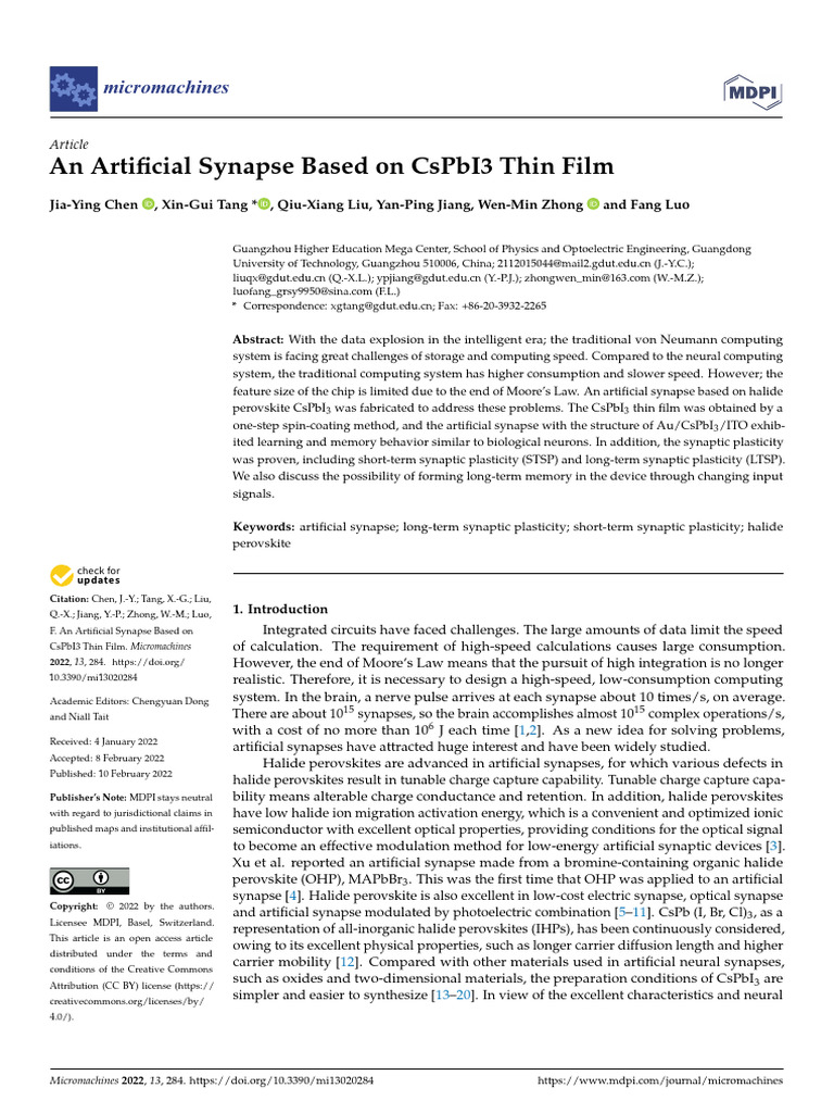 2022 Micromachines MDPI an Artificial Synapse Based on CsPbI3 Thin Film ...