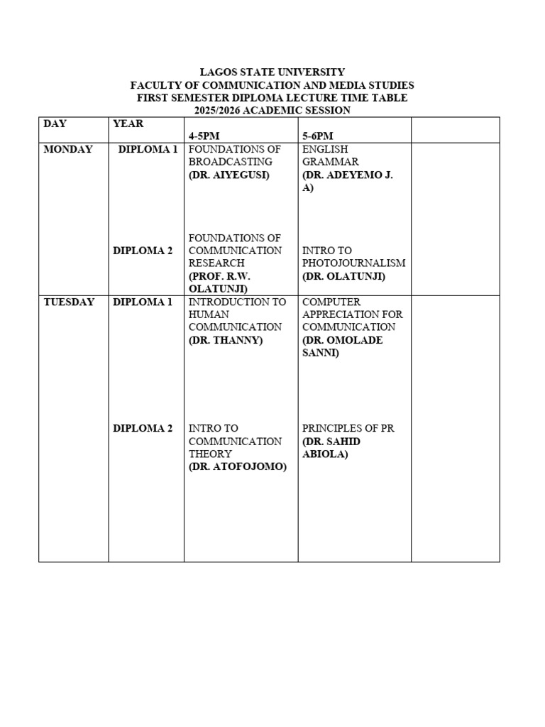 2025 2026 First Semester Lecture Timetable-1 | PDF