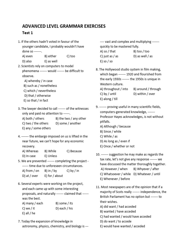 Grammar Exercises Test 1 - 4 | PDF