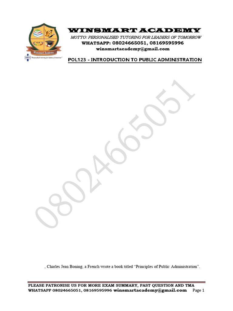 Pol123 Introduction To Public Administration Summary 08024665051 | PDF ...