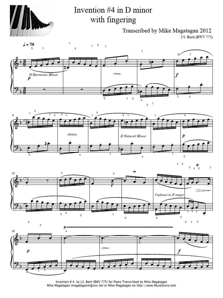 Bach - Invention 4 - JS Bach - BWV 775 For Piano With Fingering-2 | PDF ...