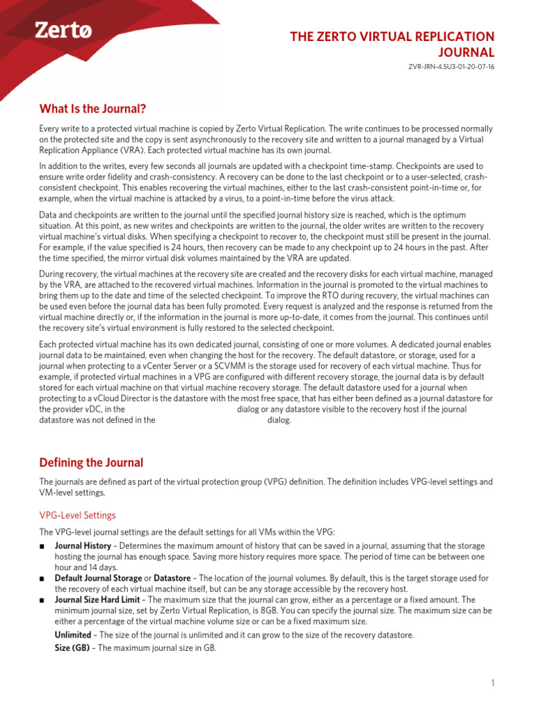 Zerto Virtual Replication Journal Overview | PDF | Replication ...