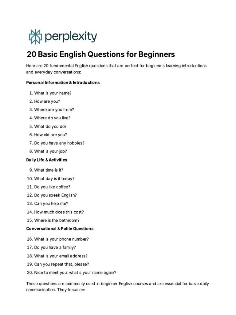 20 Basic English Questions For Beginners | PDF