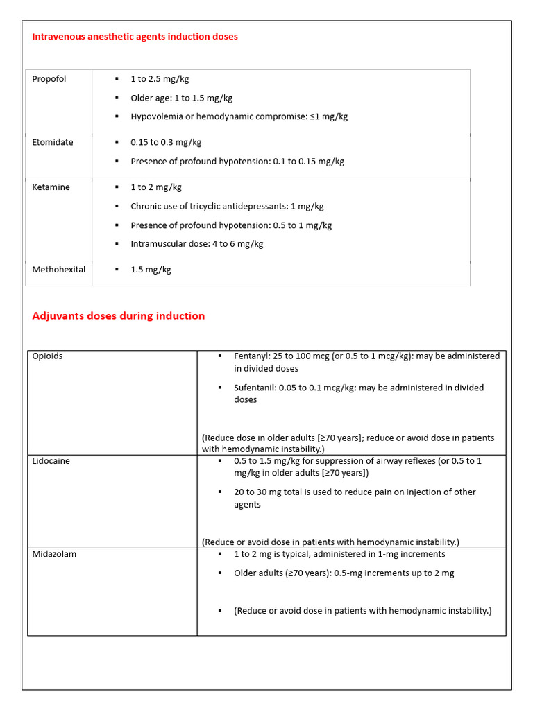 Intravenous Anesthetic Agents Induction Doses | PDF