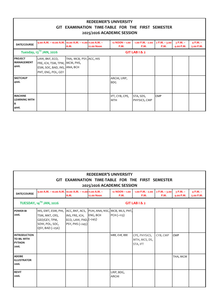 Examination Timetable First Semester 2025-2026 | PDF