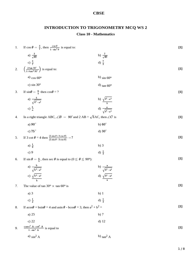 Introduction to Trigonometry WS 2 | PDF | Trigonometry | Chess Theory