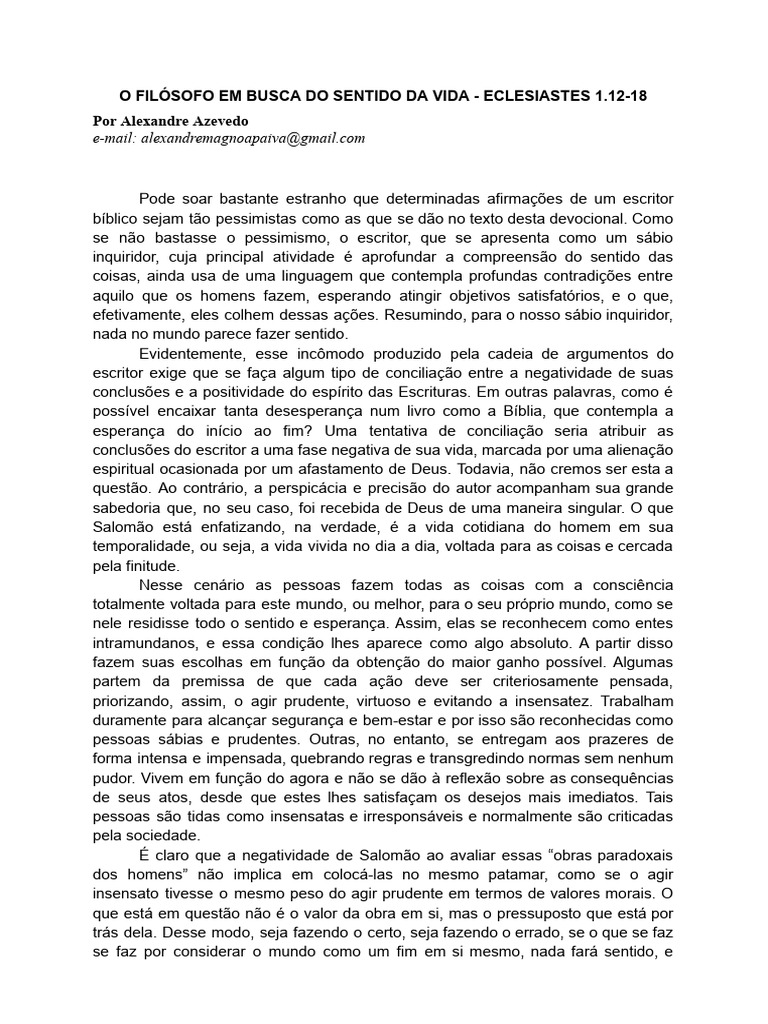 O Filósofo em Busca Do Sentido Da Vida - Ec. 1.12-18 | PDF | Sabedoria ...