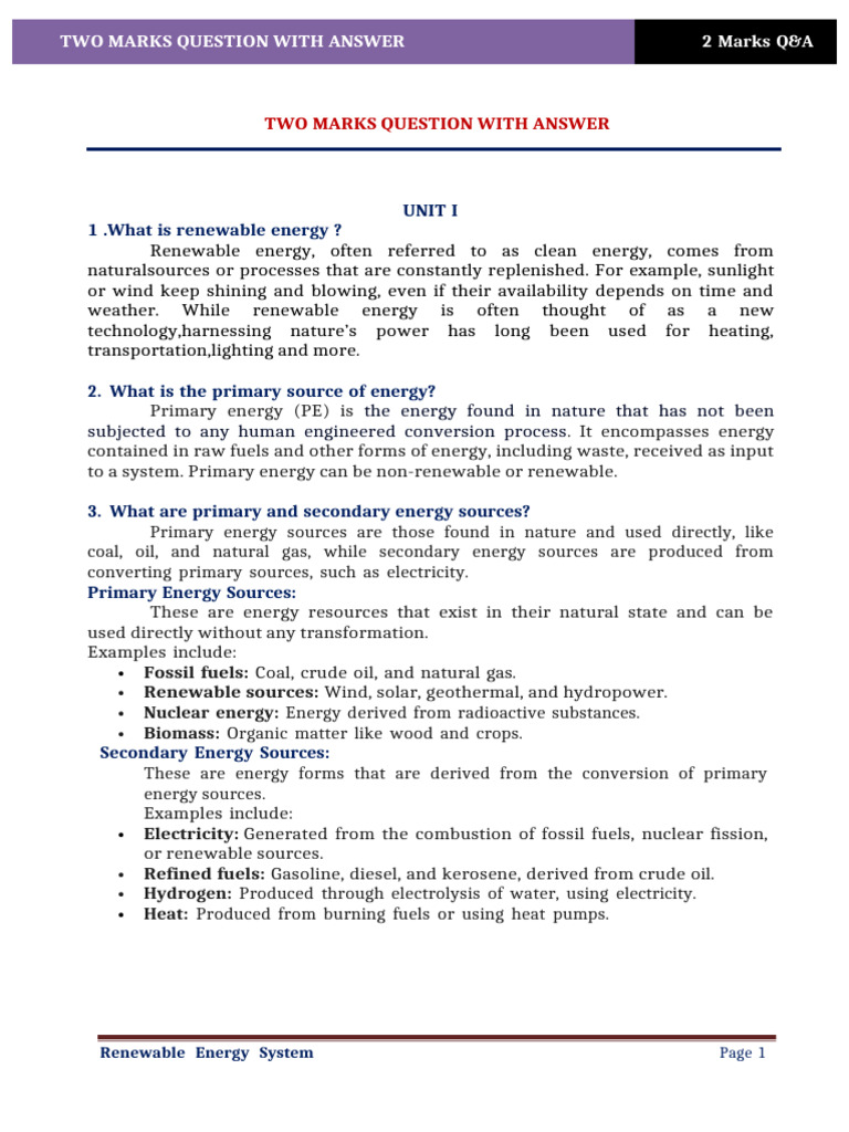 First Unit Res Two Mark With Answer | PDF | Renewable Energy | Energy ...