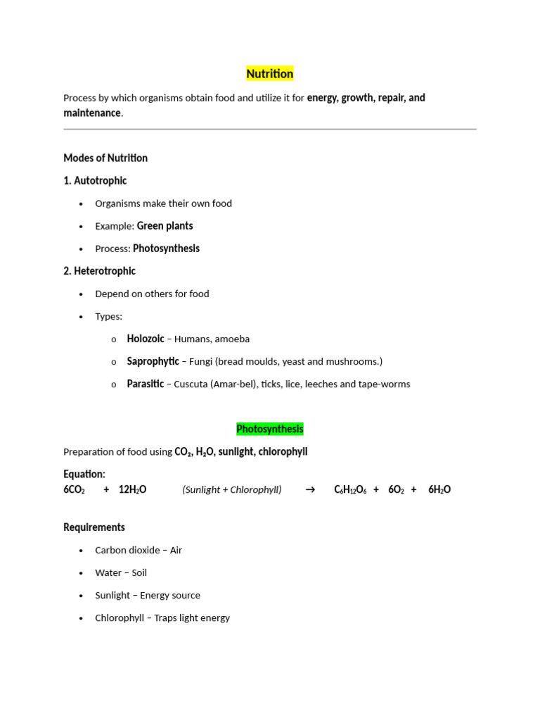 Nutrition (10th Class Short Notes) | PDF | Digestion | Stomach