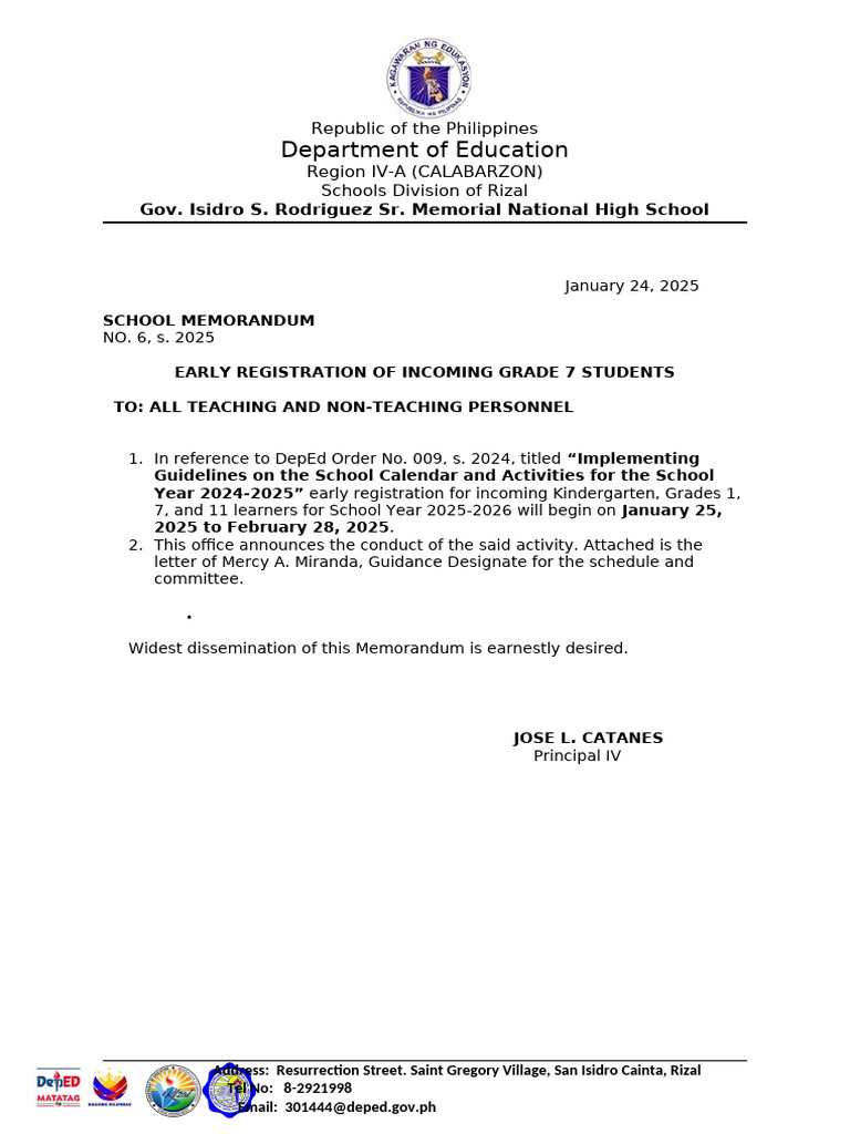 School Memo NO 6. S 2025 - EARLY REGISTRATION FOR GRADE 7 | PDF | Chess ...