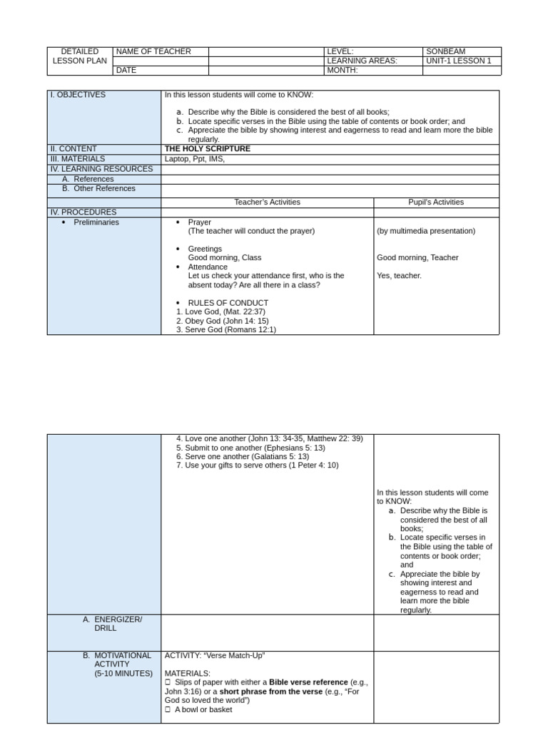 Lesson Plan For Sunday School | PDF | Bible | Religious Texts