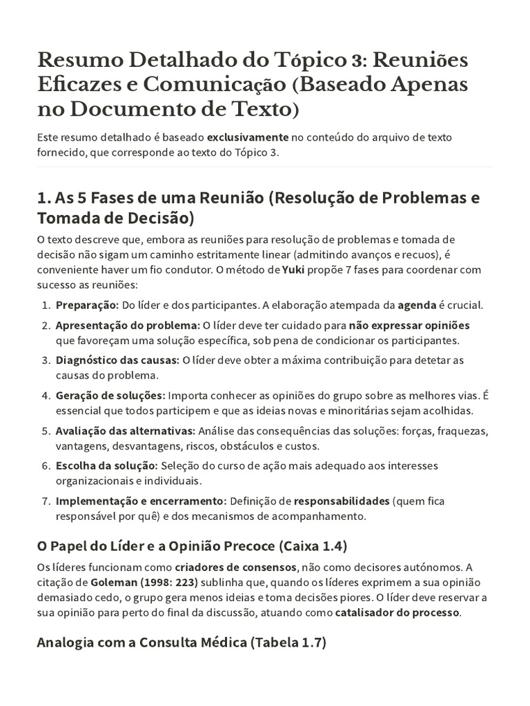 Resumo Detalhado Do Tópico 3 Reuniões Eficazes e Comunicação (Baseado ...