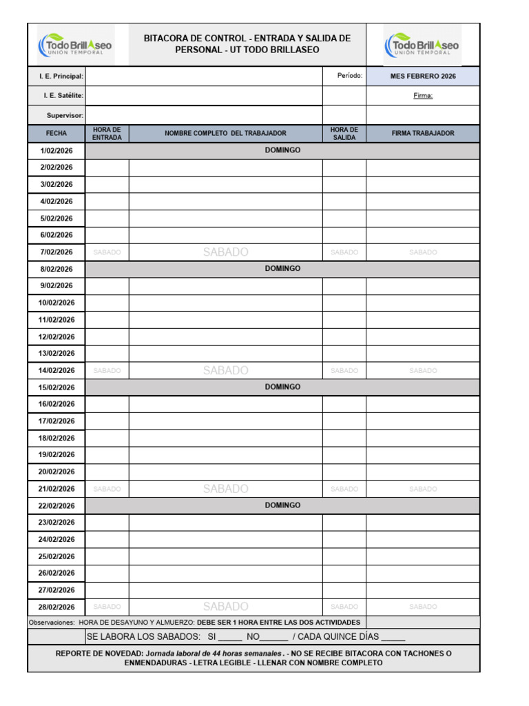 Bitacora de Control - Entrada y Salida de Personal - MES FEBRERO 2026 | PDF