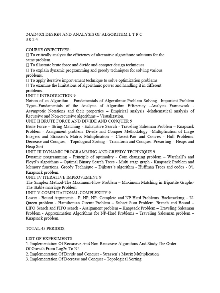 24ad402i Design and Analysis of Algorithm | PDF | Dynamic Programming ...