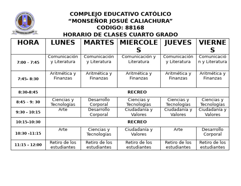 Horario de Clases Cuarto Grado 2026 | PDF