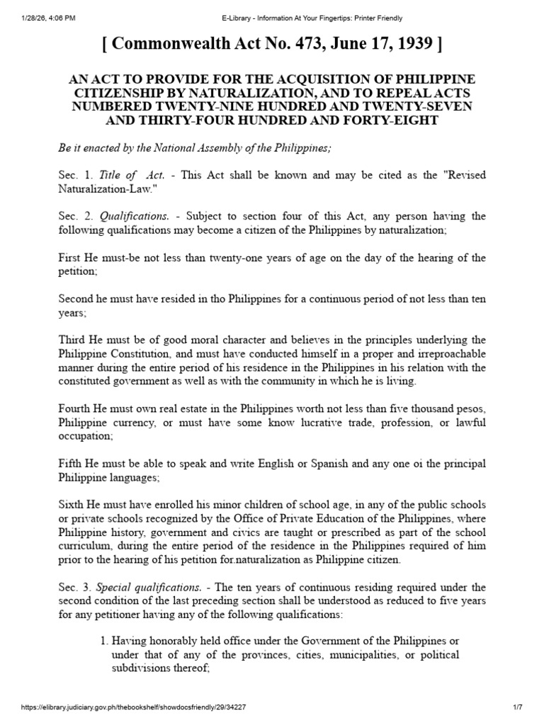Commonwealth Act No. 473 | PDF | Naturalization | Citizenship