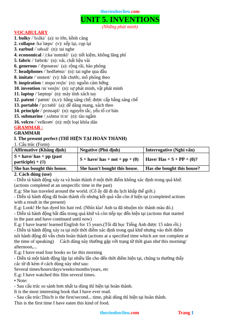 Bai Tap Chuyen Sau Anh 10 Global Unit 5 INVENTIONS | PDF