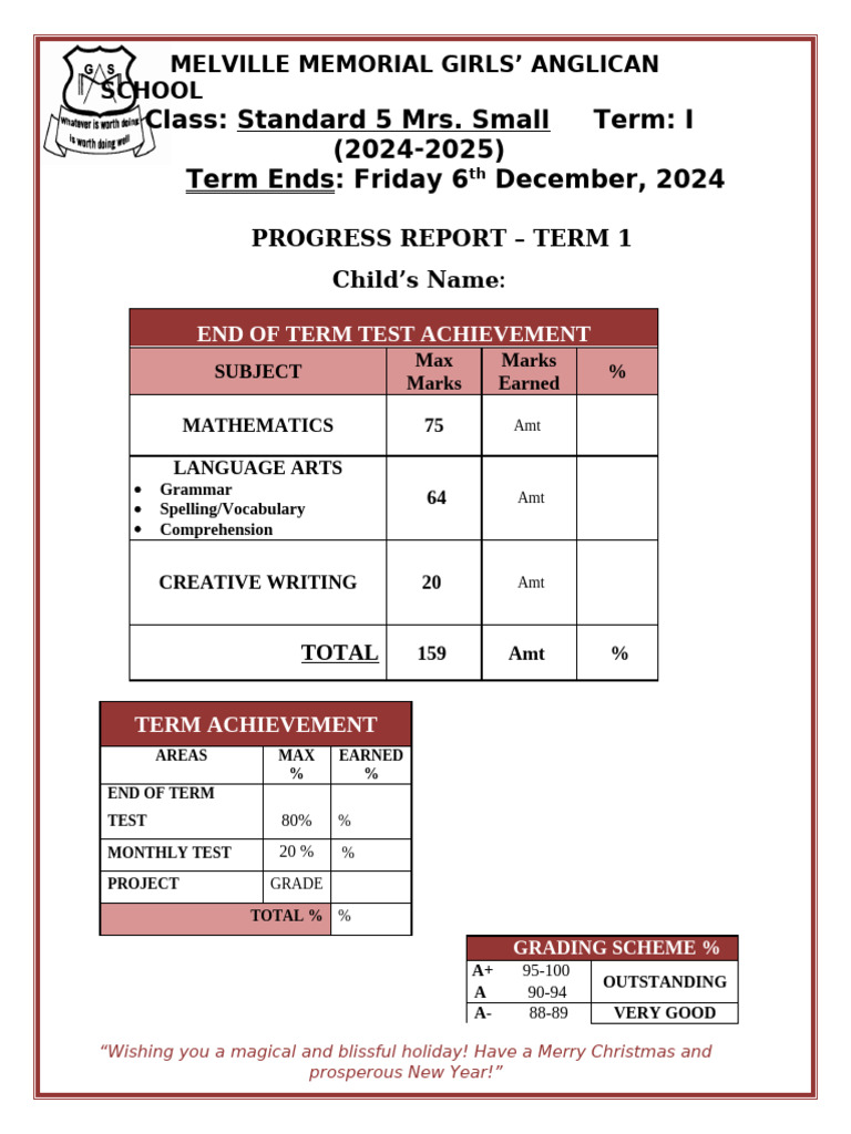 Progress Report STD 5 Term 1 2024-2025 | PDF | Christmas And Holiday ...