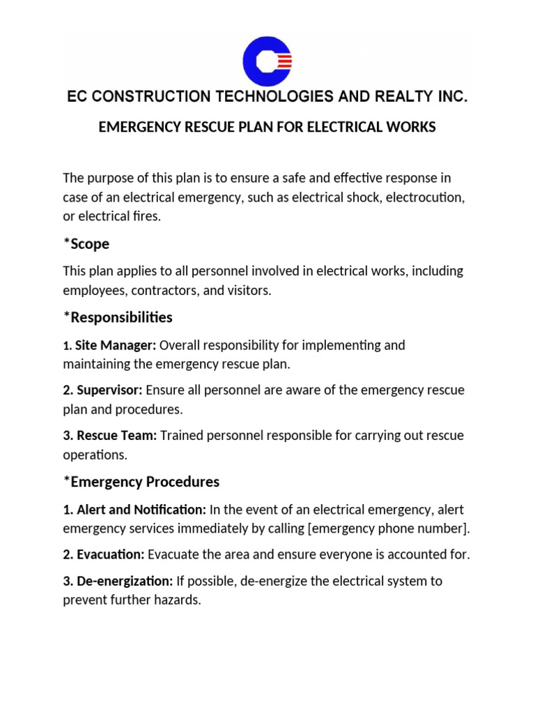 Emergency Rescue Plan For Electrical Works | PDF | Firefighting | Emergency