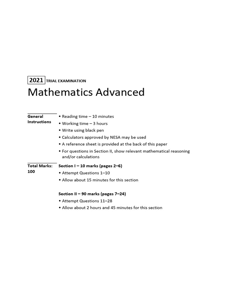 2021 Year 12 Mathematics Advanced Examination | PDF | Function ...