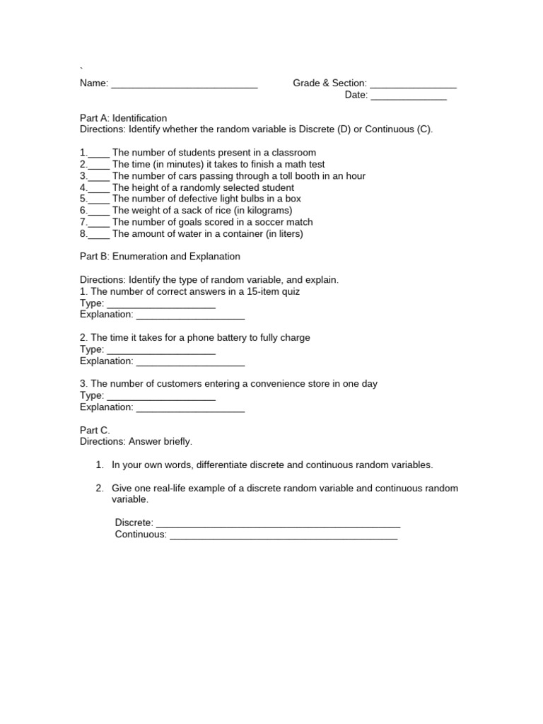 Discrete and Continuous Random Variables Worksheet | PDF