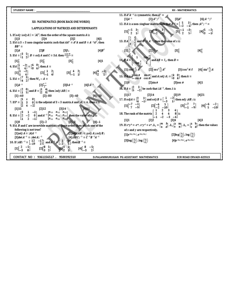 12th Maths EM Book Back One Mark Question Papers English Medium PDF ...