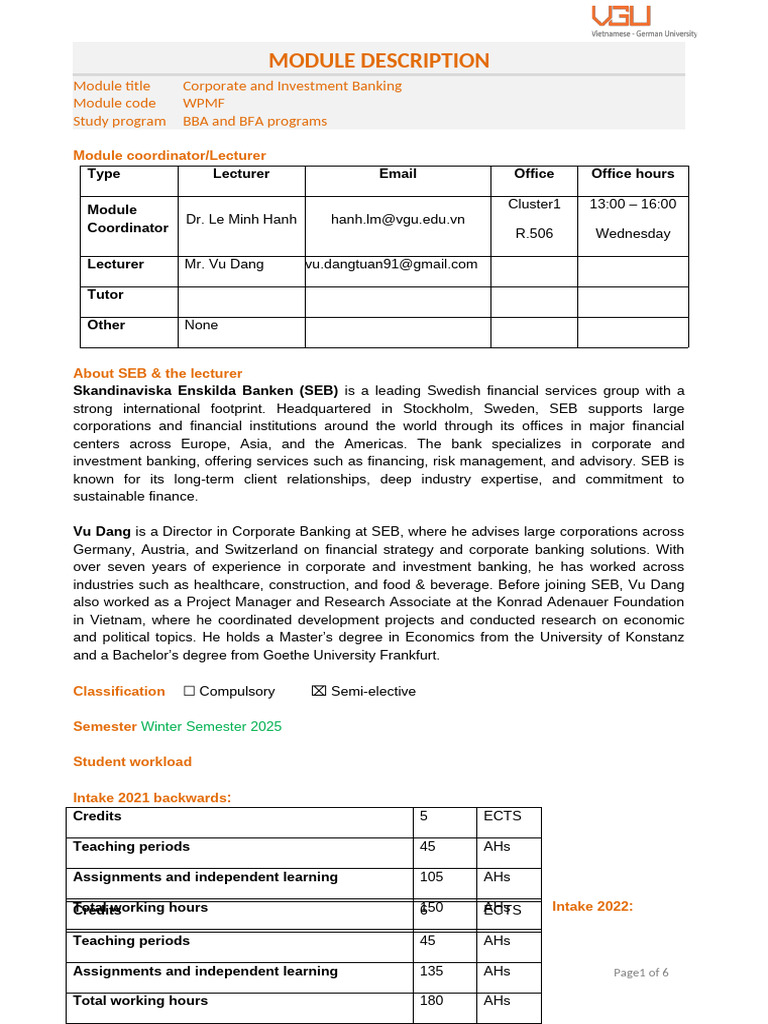 Module Description_Corporate and Investment Banking_WS2025 | PDF ...