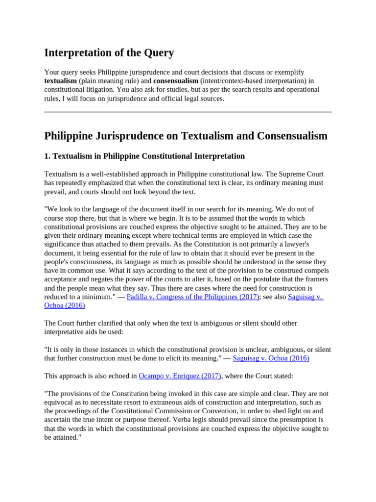 Philippine Jurisprudence On Textualism and Consensualism | PDF | Plain ...